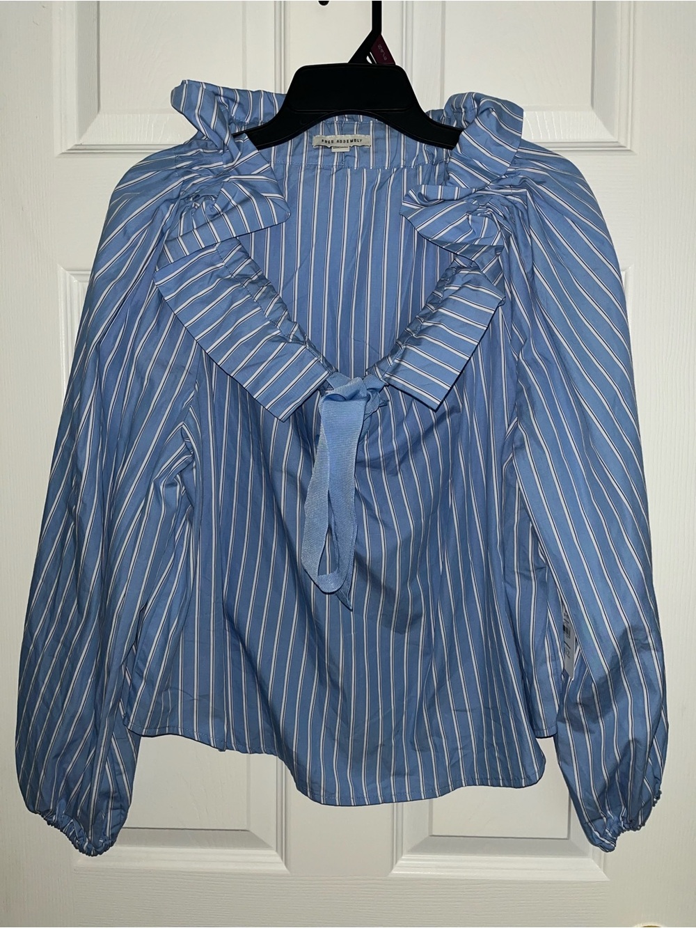 Blue Striped Ruffle Tie-Neck Blouse